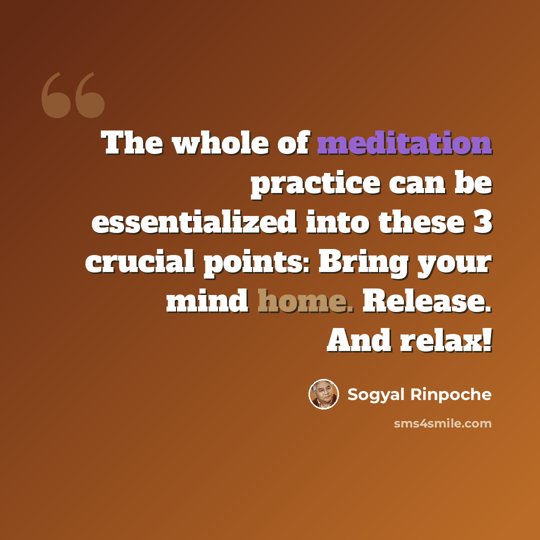 “The whole of meditation practice can be essentialized into these 3 crucial points: Bring your mind home. Release. And relax!” quote by Sogyal Rinpoche