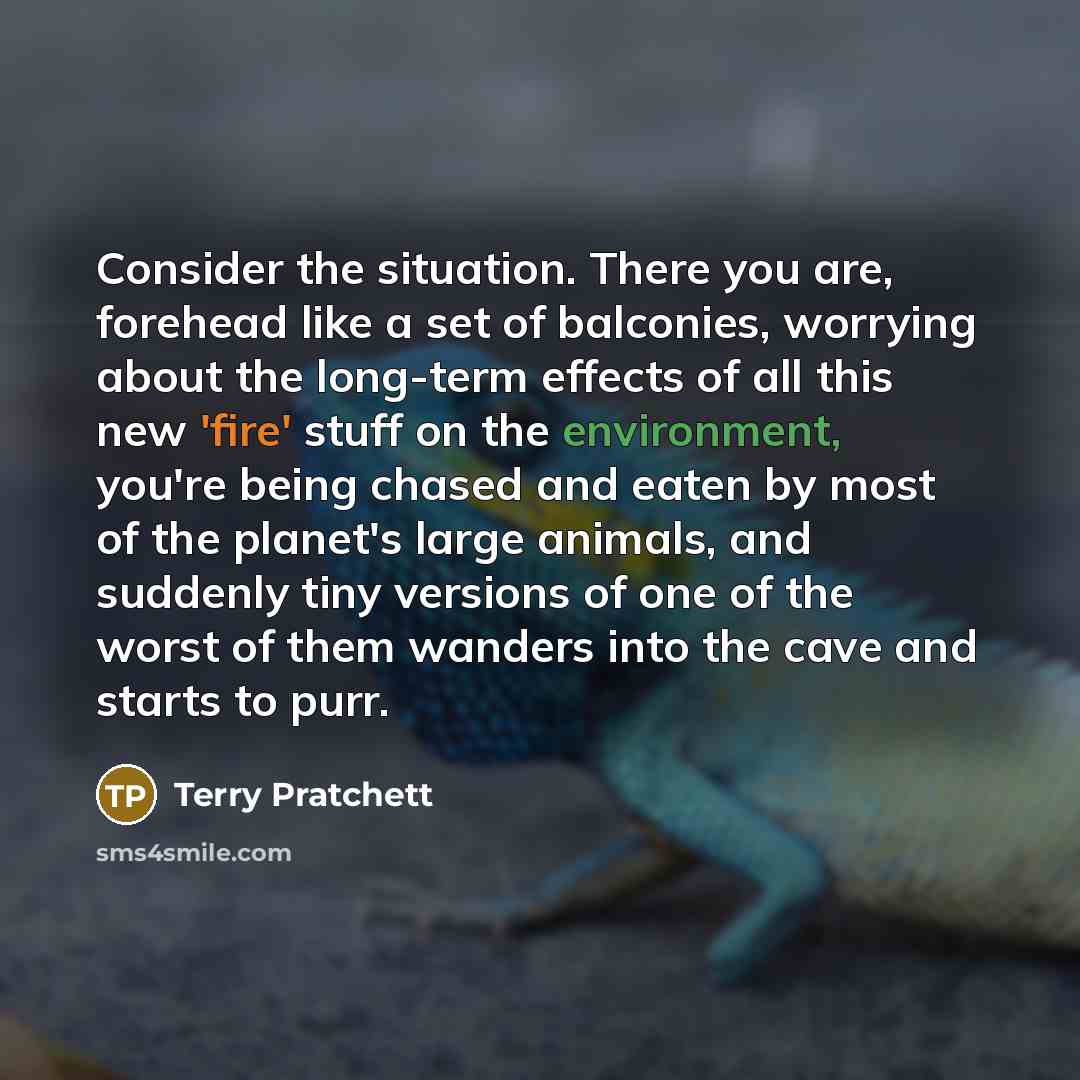 “Consider the situation. There you are, forehead like a set of balconies, worrying about the long-term effects of all this new 'fire' stuff on the environment, you're being chased and eaten by most of the planet's large animals, and suddenly tiny versions of one of the worst of them wanders into…” quote by Terry Pratchett
