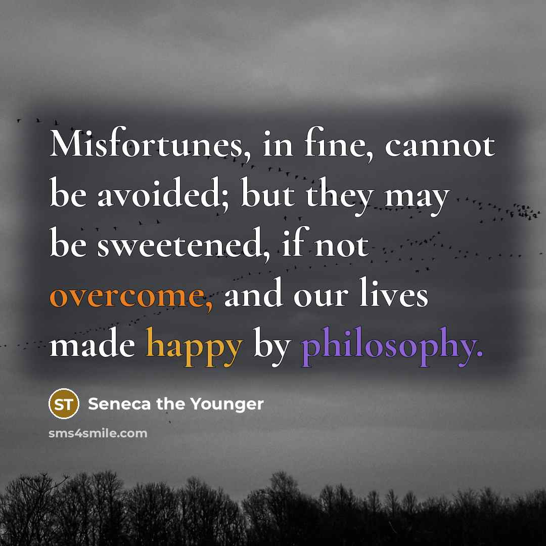 “Misfortunes, in fine, cannot be avoided; but they may be sweetened, if not overcome, and our lives made happy by philosophy.” quote by Seneca the Younger