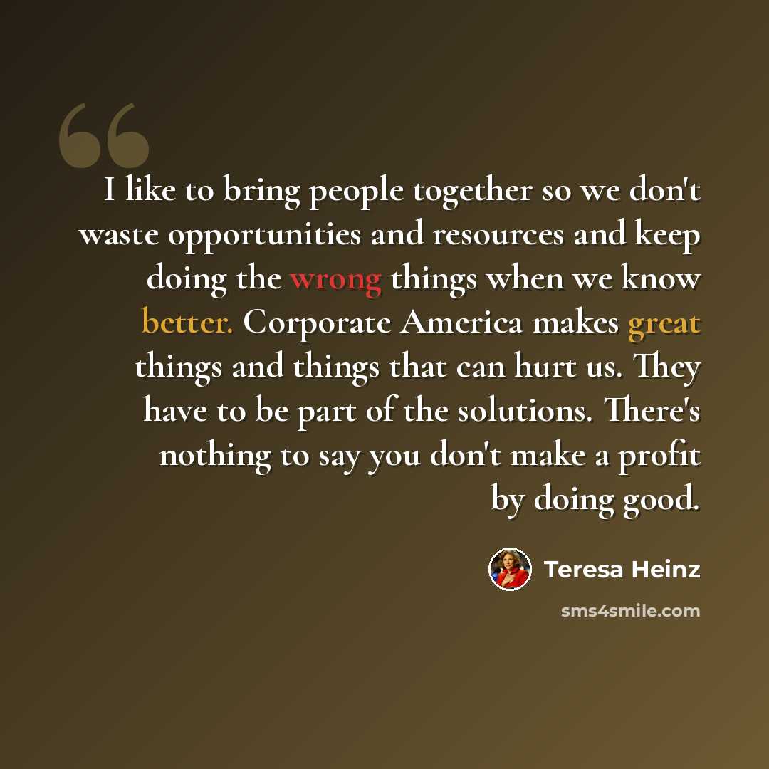 “I like to bring people together so we don't waste opportunities and resources and keep doing the wrong things when we know better. Corporate America makes great things and things that can hurt us. They have to be part of the solutions. There's nothing to say you don't make a profit by doing good.” quote by Teresa Heinz