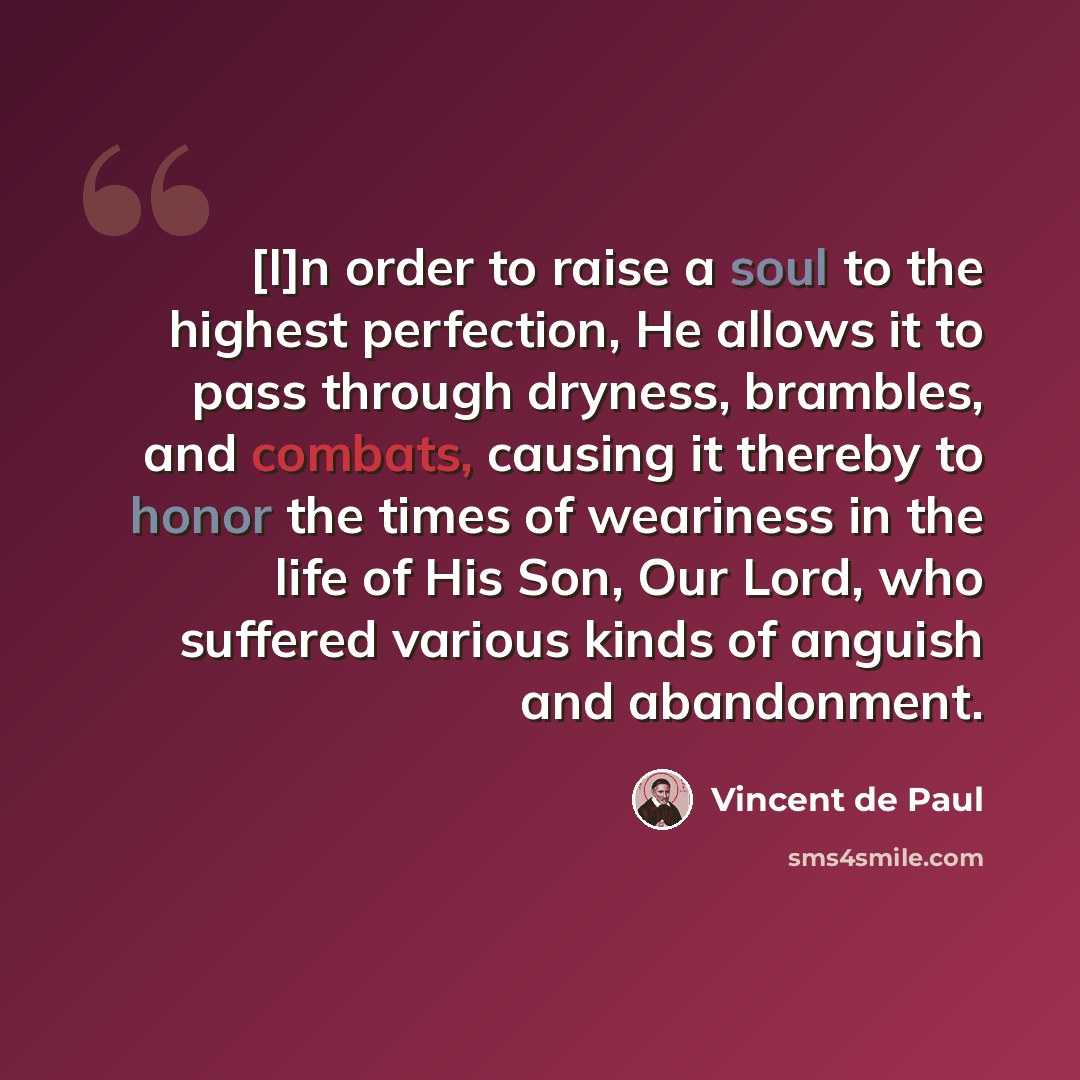 “[I]n order to raise a soul to the highest perfection, He allows it to pass through dryness, brambles, and combats, causing it thereby to honor the times of weariness in the life of His Son, Our Lord, who suffered various kinds of anguish and abandonment.” quote by Vincent de Paul