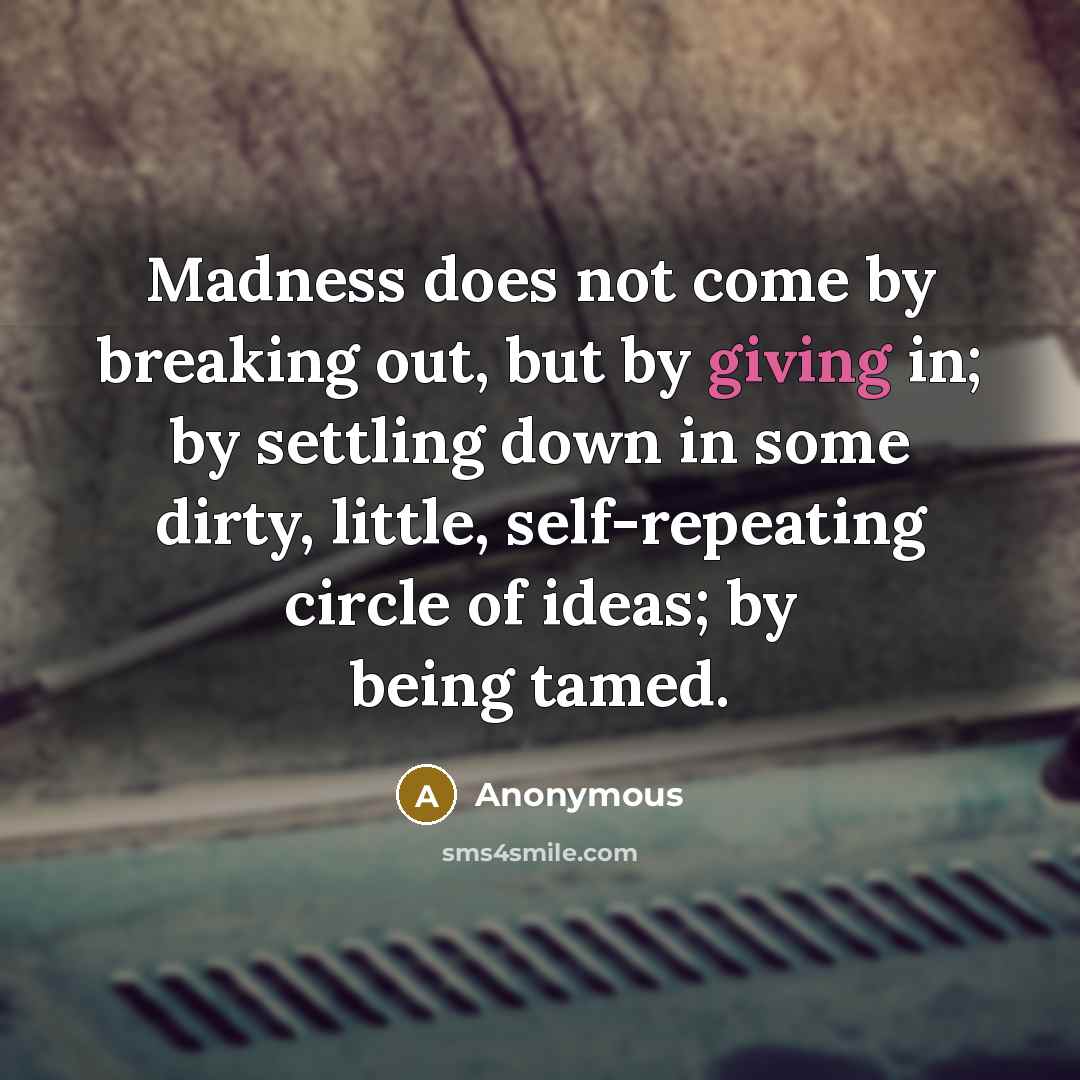 “Madness does not come by breaking out, but by giving in; by settling down in some dirty, little, self-repeating circle of ideas; by being tamed.” quote by Anonymous