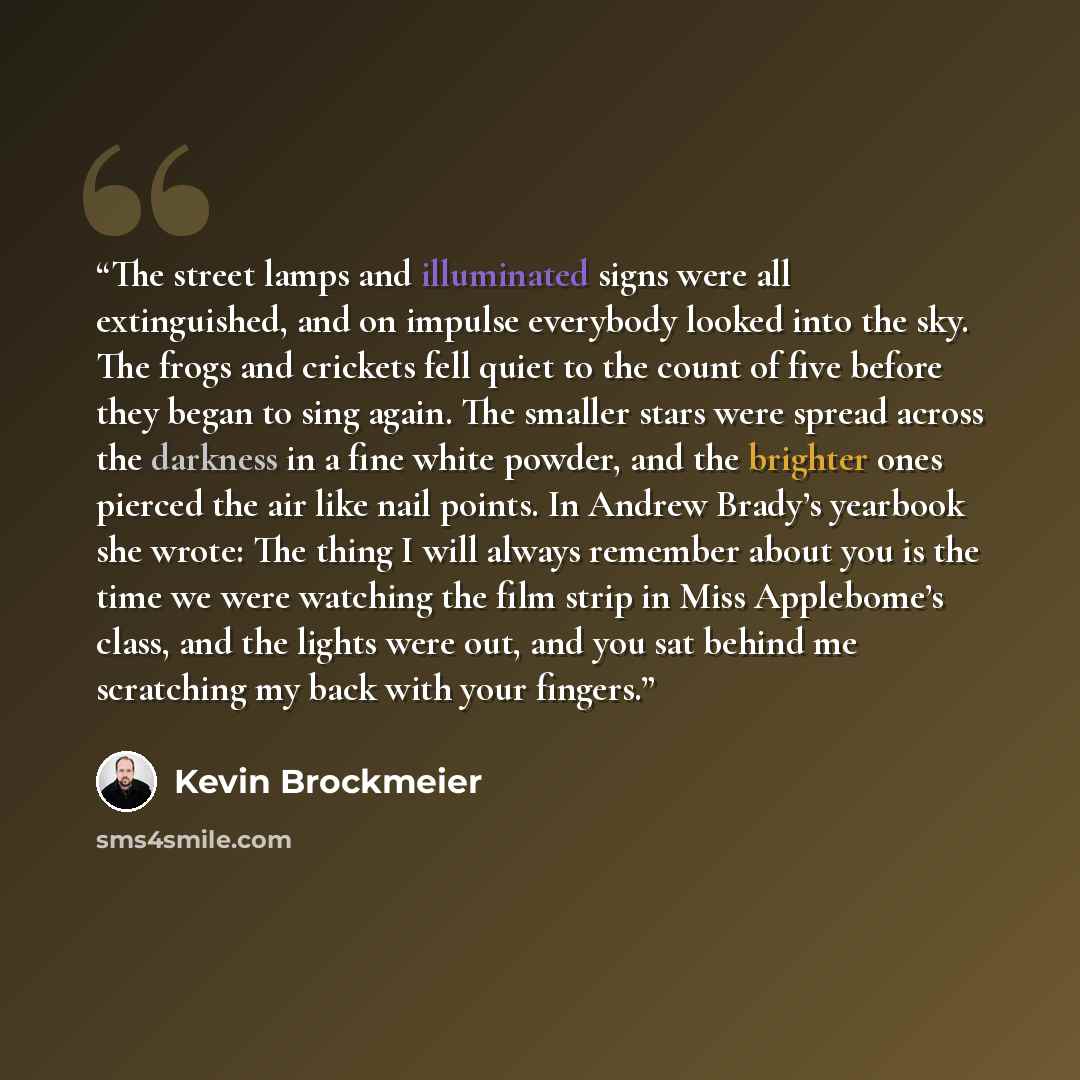 “The street lamps and illuminated signs were all extinguished, and on impulse everybody looked into the sky. The frogs and crickets fell quiet to the count of five before they began to sing again. The smaller stars were spread across the darkness in a fine white powder, and the brighter ones…” quote by Kevin Brockmeier