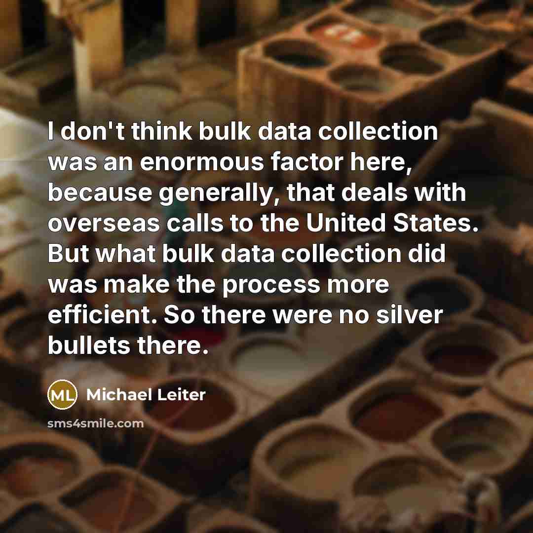 “I don't think bulk data collection was an enormous factor here, because generally, that deals with overseas calls to the United States. But what bulk data collection did was make the process more efficient. So there were no silver bullets there.” quote by Michael Leiter