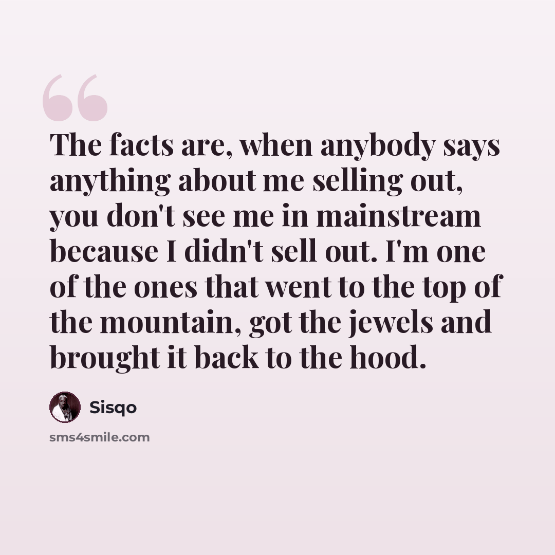 “The facts are, when anybody says anything about me selling out, you don't see me in mainstream because I didn't sell out. I'm one of the ones that went to the top of the mountain, got the jewels and brought it back to the hood.” quote by Sisqo