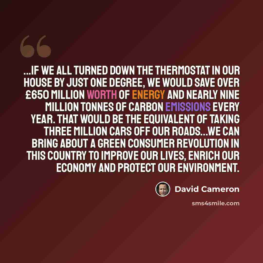 “...if we all turned down the thermostat in our house by just one degree, we would save over £650 million worth of energy and nearly nine million tonnes of carbon emissions every year. That would be the equivalent of taking three million cars off our roads...we can bring about a Green Consumer…” quote by David Cameron