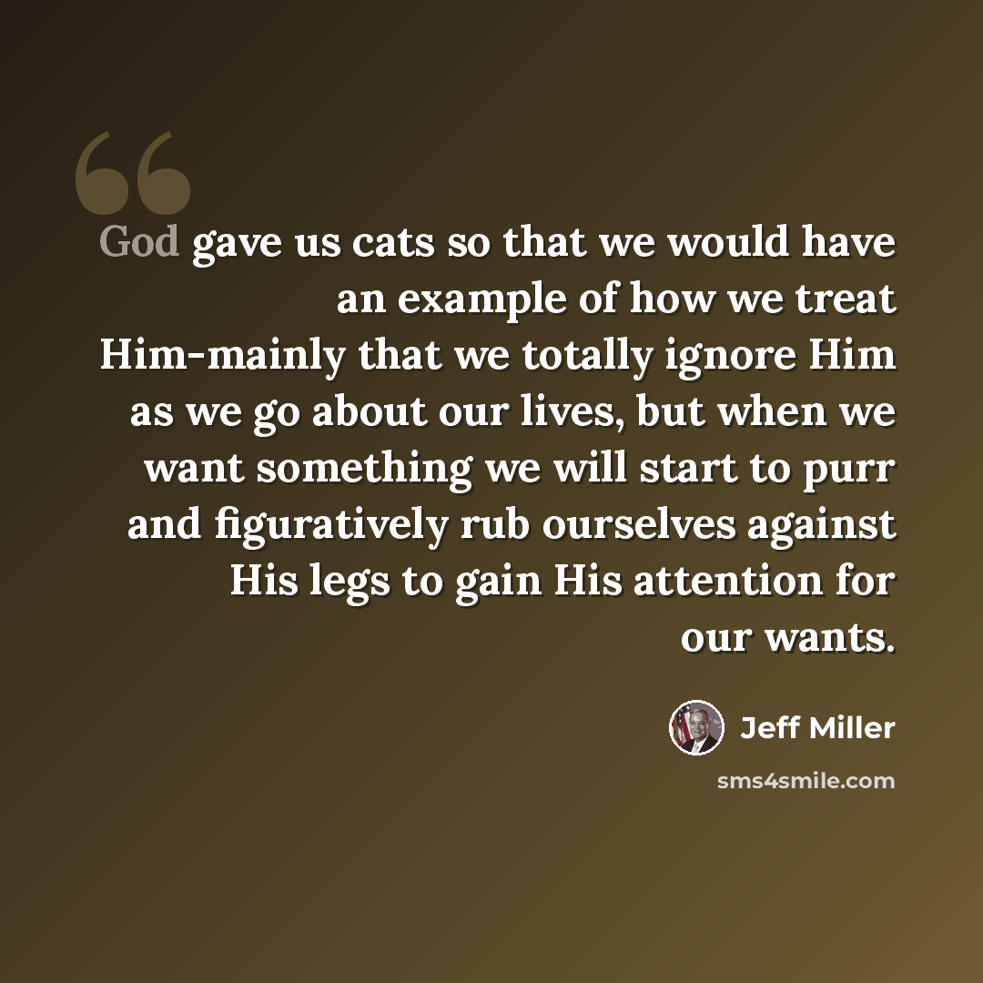“God gave us cats so that we would have an example of how we treat Him-mainly that we totally ignore Him as we go about our lives, but when we want something we will start to purr and figuratively rub ourselves against His legs to gain His attention for our wants.” quote by Jeff Miller