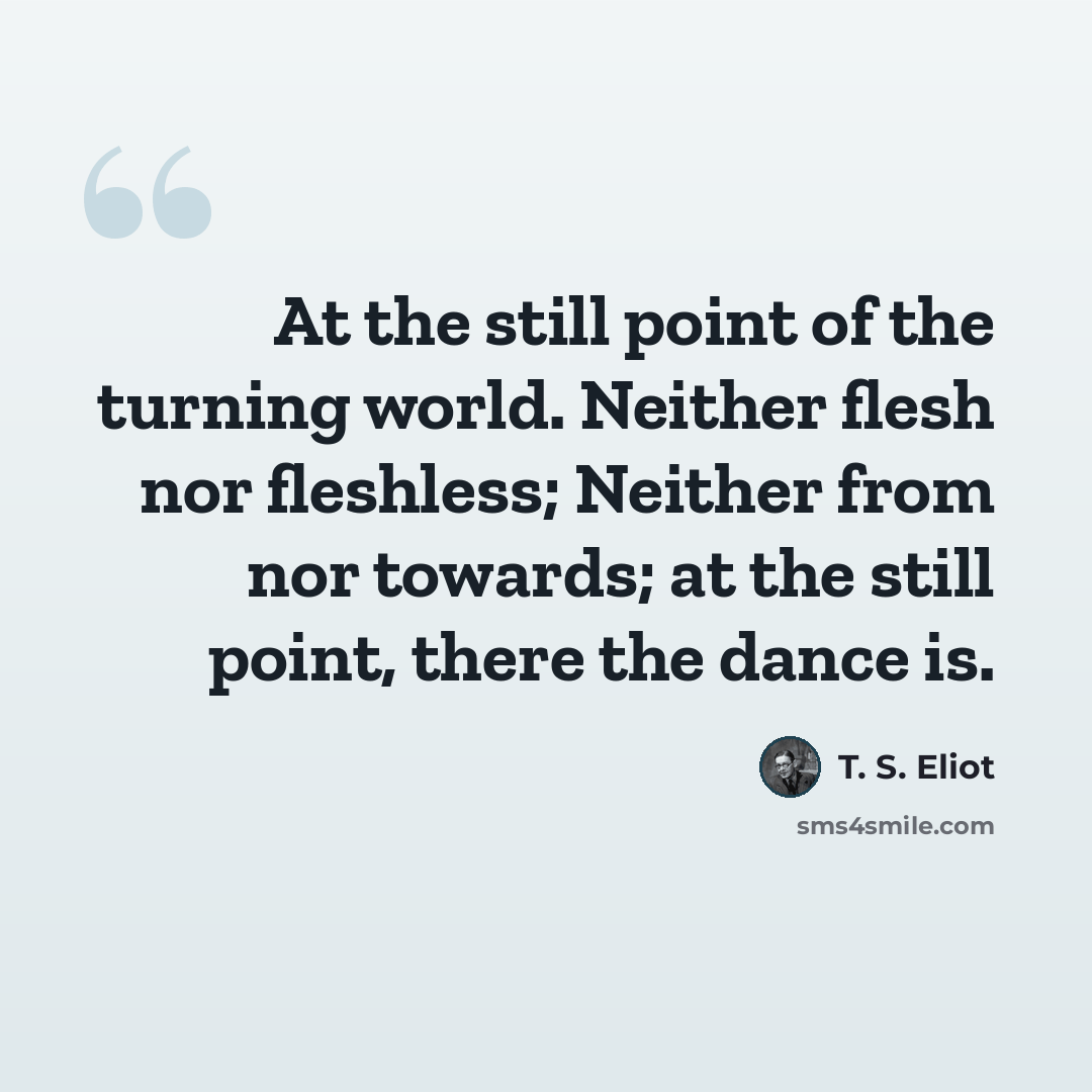 “At the still point of the turning world. Neither flesh nor fleshless; Neither from nor towards; at the still point, there the dance is.” quote by T. S. Eliot