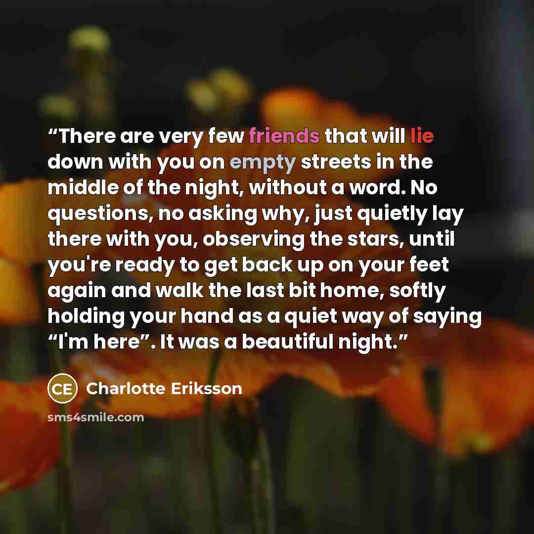 “There are very few friends that will lie down with you on empty streets in the middle of the night, without a word. No questions, no asking why, just quietly lay there with you, observing the stars, until you're ready to get back up on your feet again and walk the last bit home, softly holding…” quote by Charlotte Eriksson