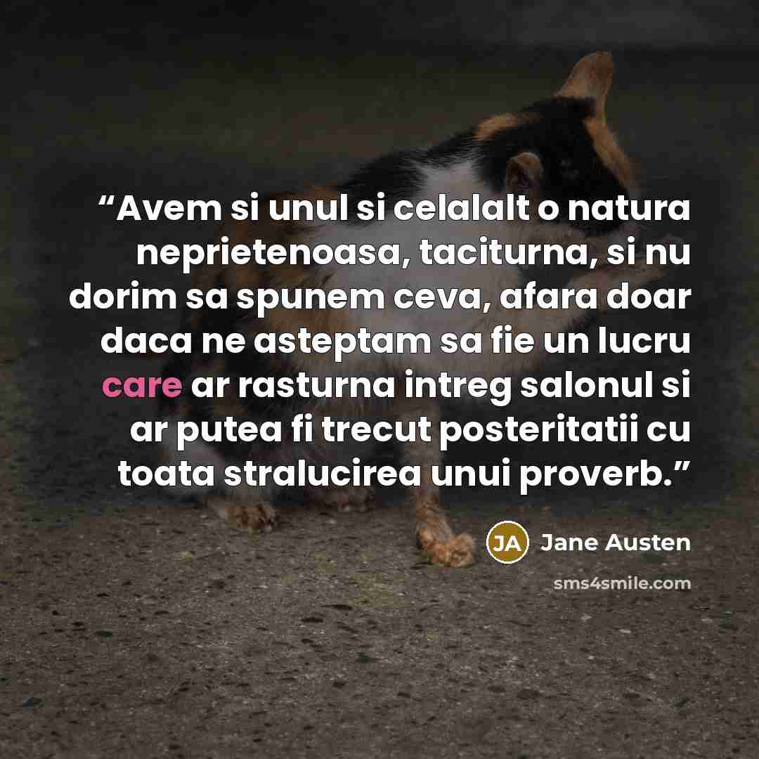 “Avem si unul si celalalt o natura neprietenoasa, taciturna, si nu dorim sa spunem ceva, afara doar daca ne asteptam sa fie un lucru care ar rasturna intreg salonul si ar putea fi trecut posteritatii cu toata stralucirea unui proverb.” quote by Jane Austen