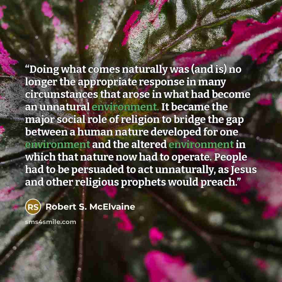 “Doing what comes naturally was (and is) no longer the appropriate response in many circumstances that arose in what had become an unnatural environment. It became the major social role of religion to bridge the gap between a human nature developed for one environment and the altered environment in…” quote by Robert S. McElvaine