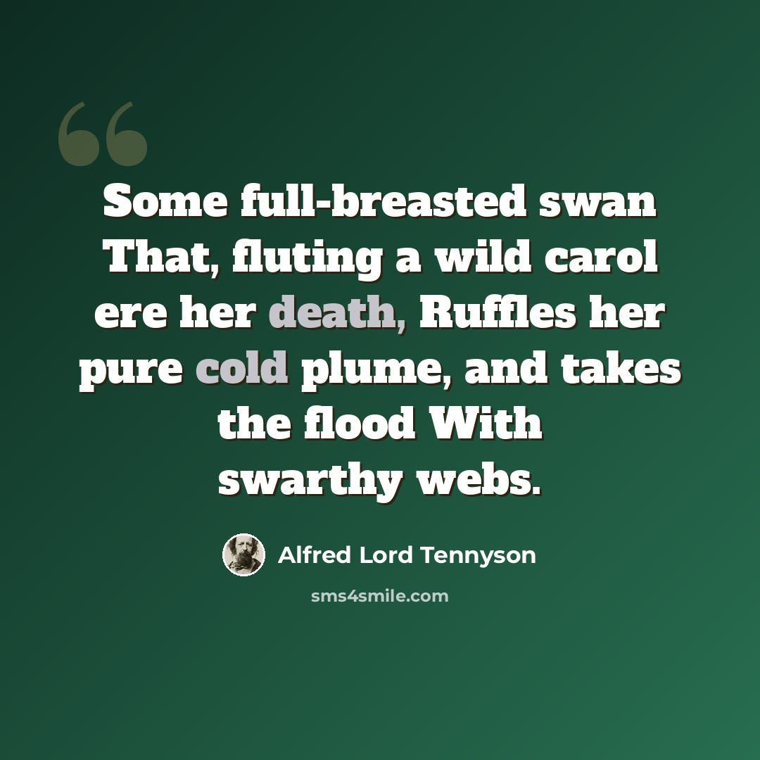 “Some full-breasted swan That, fluting a wild carol ere her death, Ruffles her pure cold plume, and takes the flood With swarthy webs.” quote by Alfred Lord Tennyson