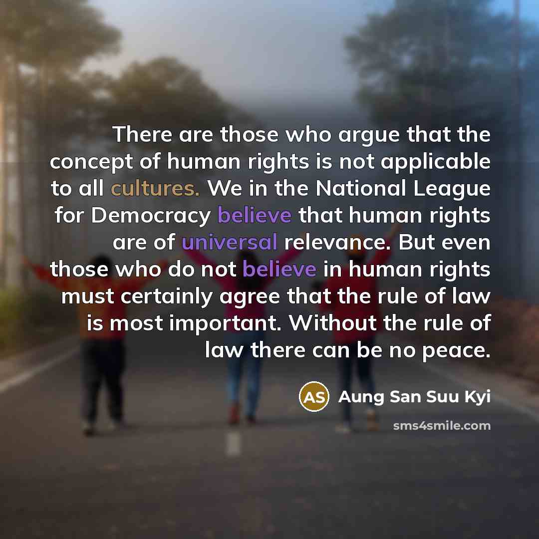 “There are those who argue that the concept of human rights is not applicable to all cultures. We in the National League for Democracy believe that human rights are of universal relevance. But even those who do not believe in human rights must certainly agree that the rule of law is most important…” quote by Aung San Suu Kyi
