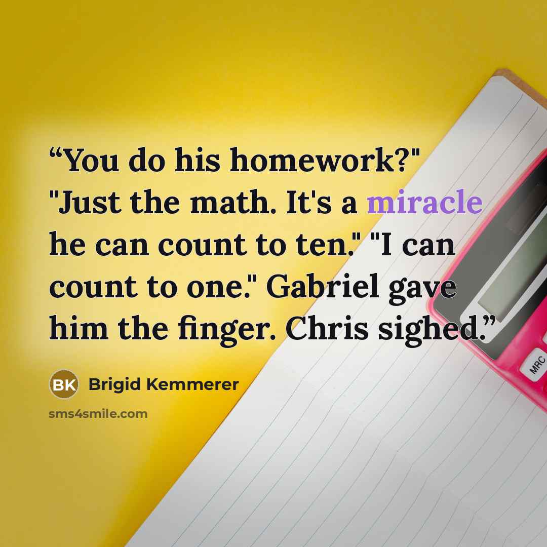 “You do his homework?" "Just the math. It's a miracle he can count to ten." "I can count to one." Gabriel gave him the finger. Chris sighed.” quote by Brigid Kemmerer