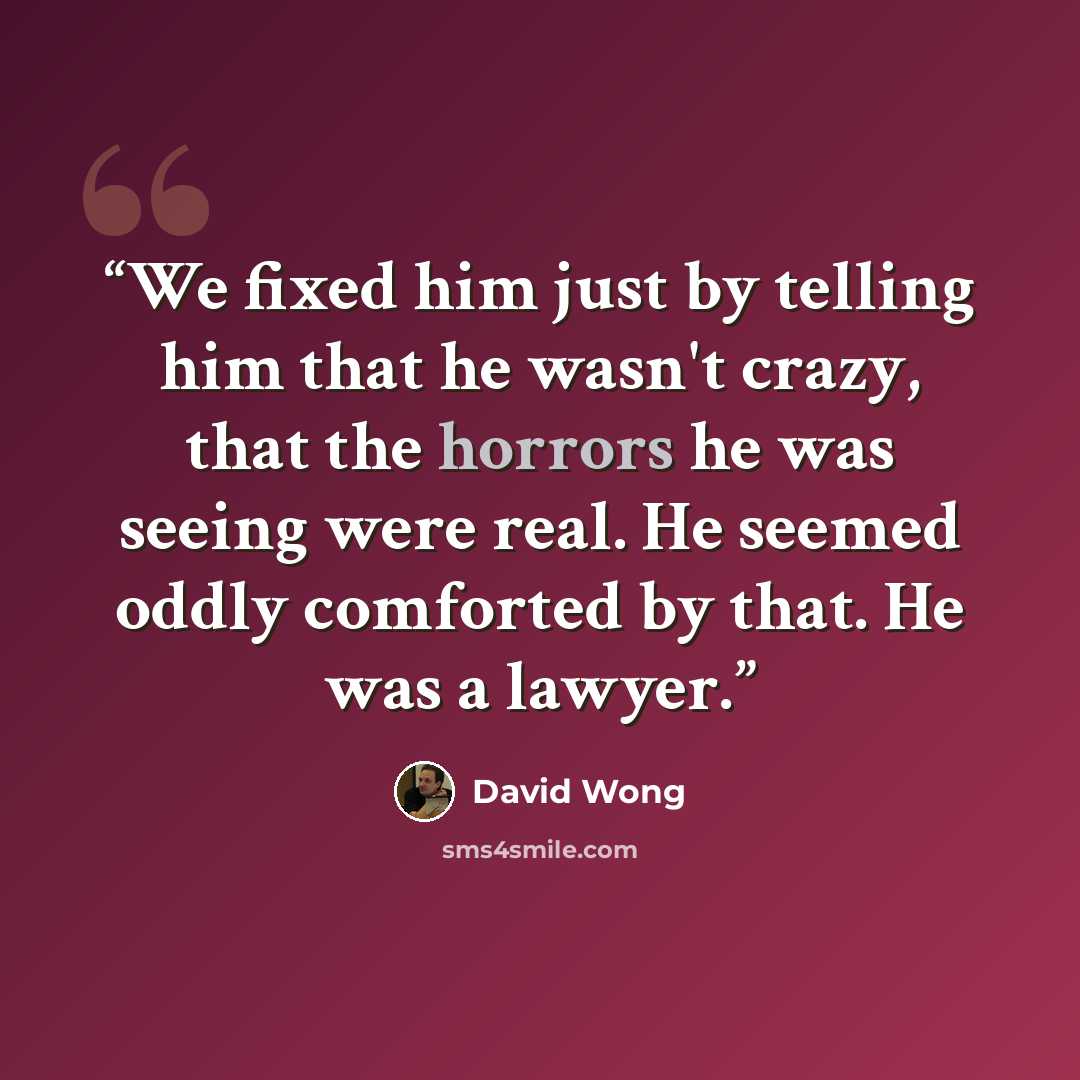 “We fixed him just by telling him that he wasn't crazy, that the horrors he was seeing were real. He seemed oddly comforted by that. He was a lawyer.” quote by David Wong
