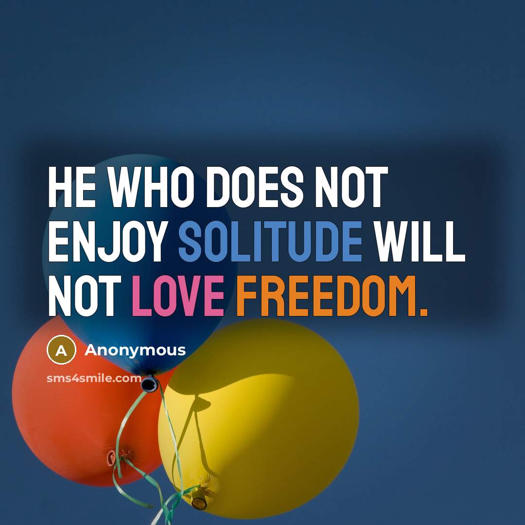 “He who does not enjoy solitude will not love freedom.” quote by Anonymous