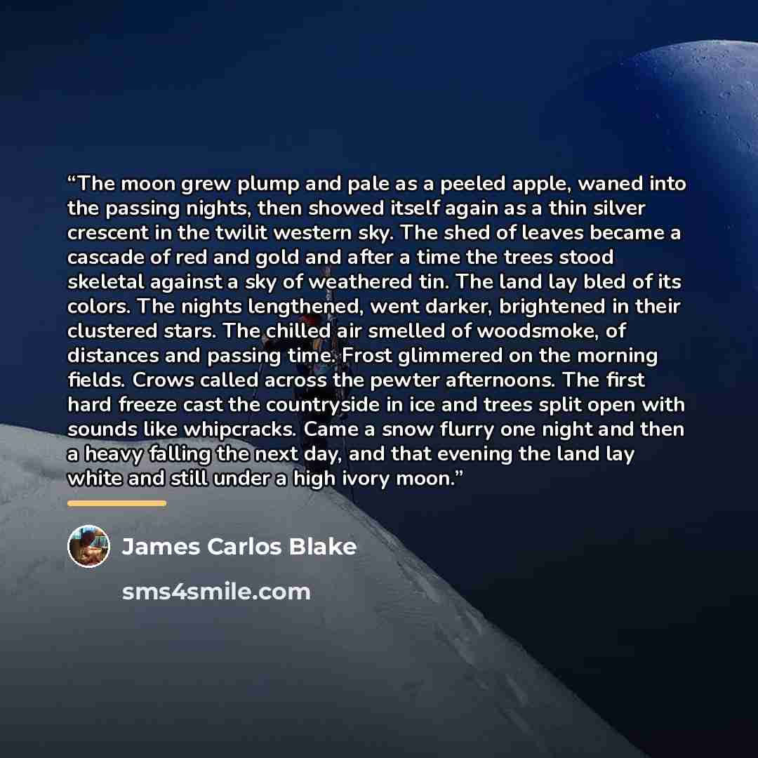“The moon grew plump and pale as a peeled apple, waned into the passing nights, then showed itself again as a thin silver crescent in the twilit western sky. The shed of leaves became a cascade of red and gold and after a time the trees stood skeletal against a sky of weathered tin. The land lay…” quote by James Carlos Blake