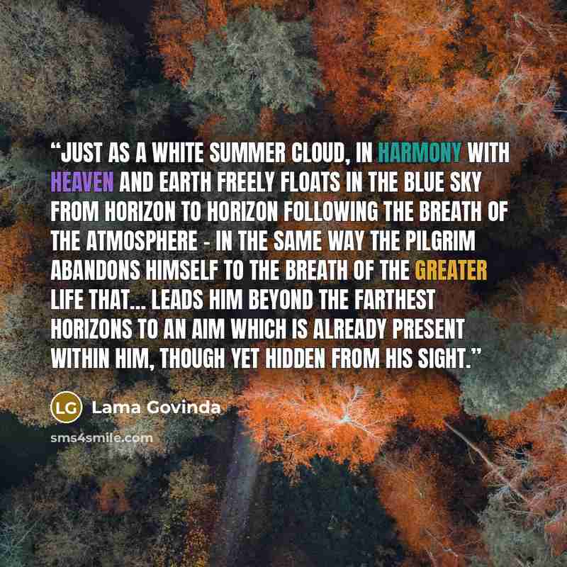 “Just as a white summer cloud, in harmony with heaven and earth freely floats in the blue sky from horizon to horizon following the breath of the atmosphere – in the same way the pilgrim abandons himself to the breath of the greater life that… leads him beyond the farthest horizons to an aim which…” quote by Lama Govinda