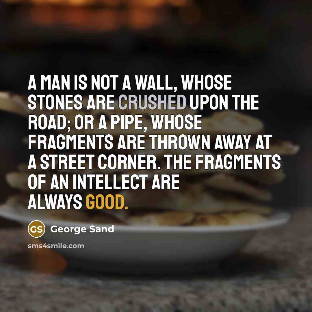 “A man is not a wall, whose stones are crushed upon the road; or a pipe, whose fragments are thrown away at a street corner. The fragments of an intellect are always good.” quote by George Sand