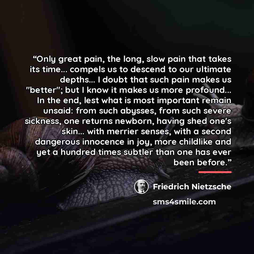 “Only great pain, the long, slow pain that takes its time... compels us to descend to our ultimate depths... I doubt that such pain makes us "better"; but I know it makes us more profound... In the end, lest what is most important remain unsaid: from such abysses, from such severe sickness, one…” quote by Friedrich Nietzsche