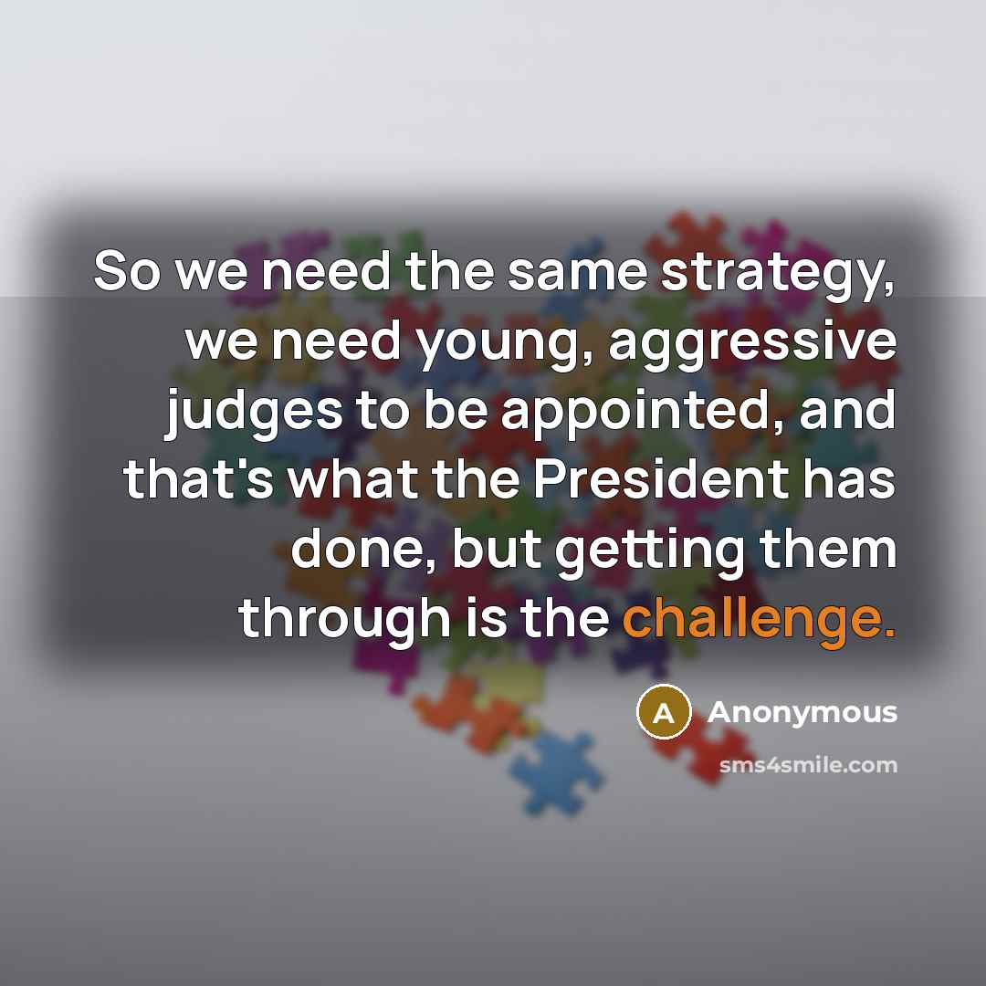 “So we need the same strategy, we need young, aggressive judges to be appointed, and that's what the President has done, but getting them through is the challenge.” quote by Anonymous