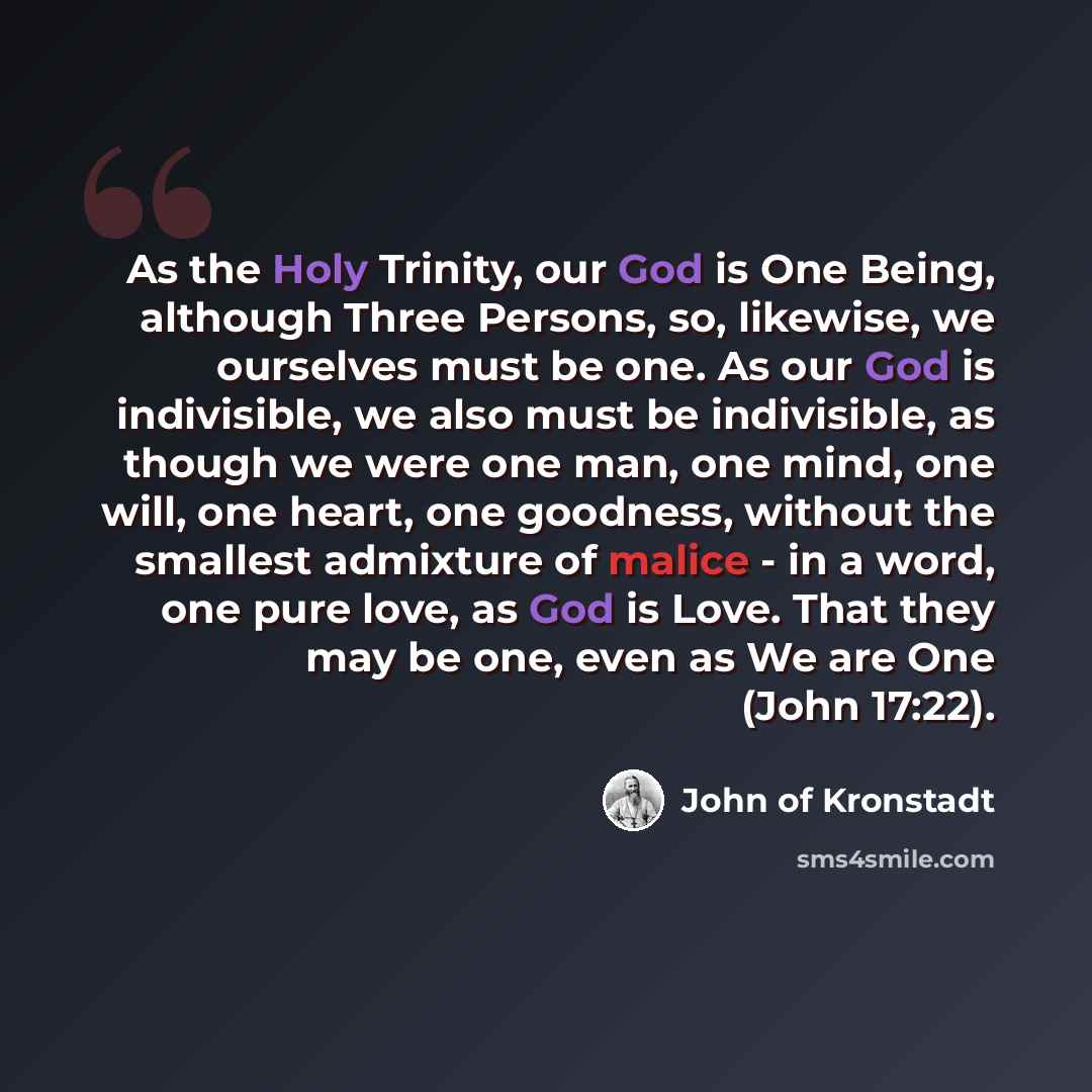 “As the Holy Trinity, our God is One Being, although Three Persons, so, likewise, we ourselves must be one. As our God is indivisible, we also must be indivisible, as though we were one man, one mind, one will, one heart, one goodness, without the smallest admixture of malice - in a word, one pure…” quote by John of Kronstadt