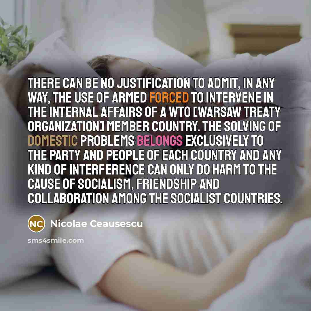 “There can be no justification to admit, in any way, the use of armed forced to intervene in the internal affairs of a WTO [Warsaw Treaty Organization] member country. The solving of domestic problems belongs exclusively to the Party and people of each country and any kind of interference can only…” quote by Nicolae Ceausescu