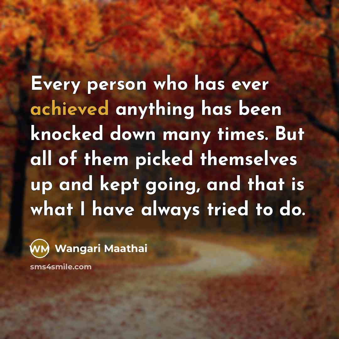 “Every person who has ever achieved anything has been knocked down many times. But all of them picked themselves up and kept going, and that is what I have always tried to do.” quote by Wangari Maathai