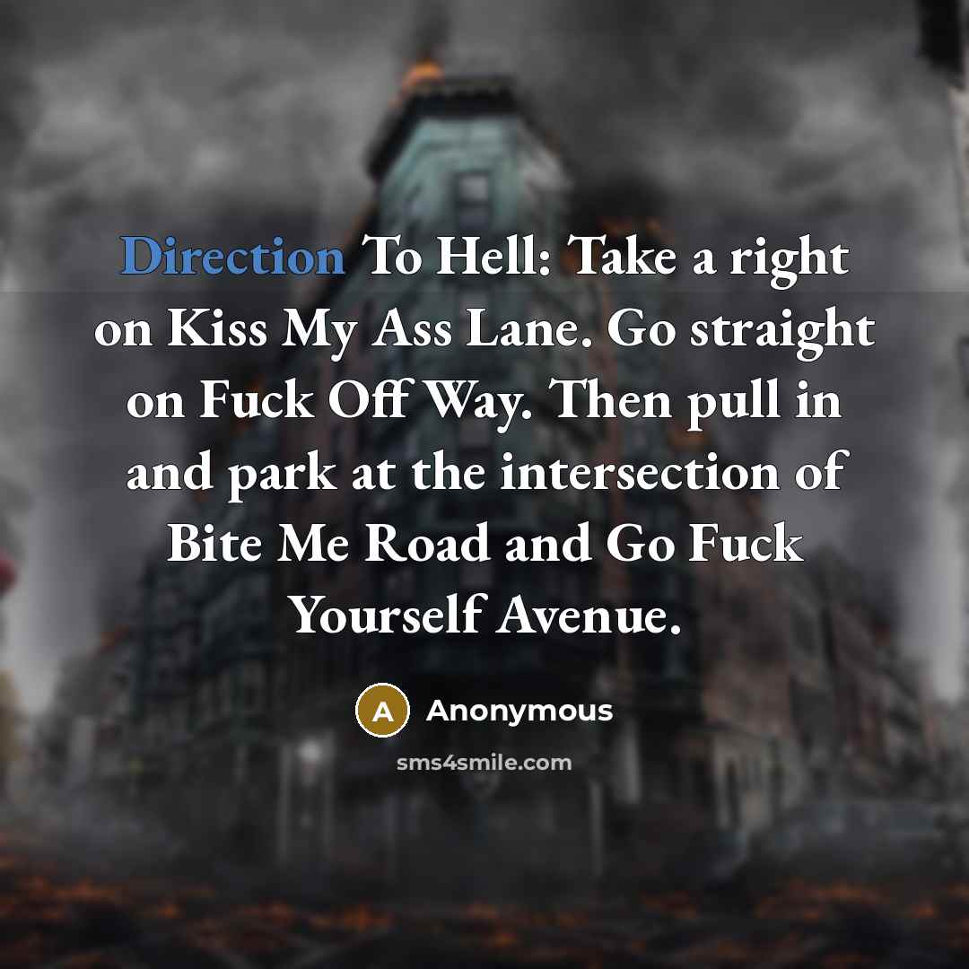 “Direction To Hell: Take a right on Kiss My Ass Lane. Go straight on Fuck Off Way. Then pull in and park at the intersection of Bite Me Road and Go Fuck Yourself Avenue.” quote by Anonymous