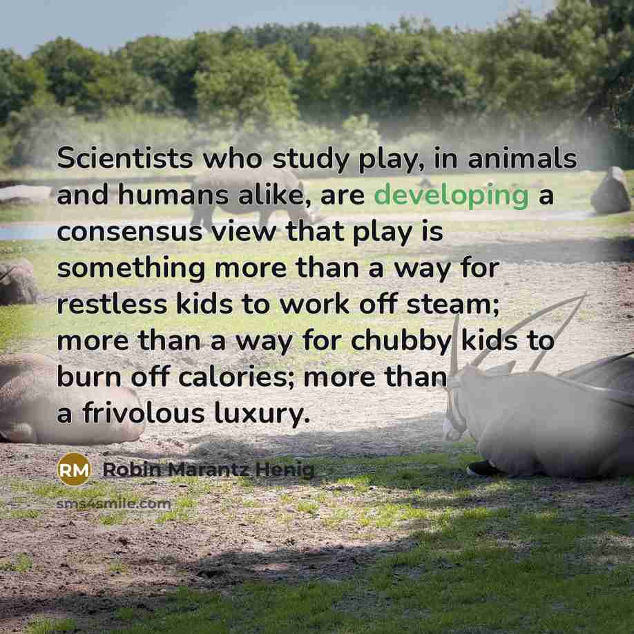 “Scientists who study play, in animals and humans alike, are developing a consensus view that play is something more than a way for restless kids to work off steam; more than a way for chubby kids to burn off calories; more than a frivolous luxury.” quote by Robin Marantz Henig
