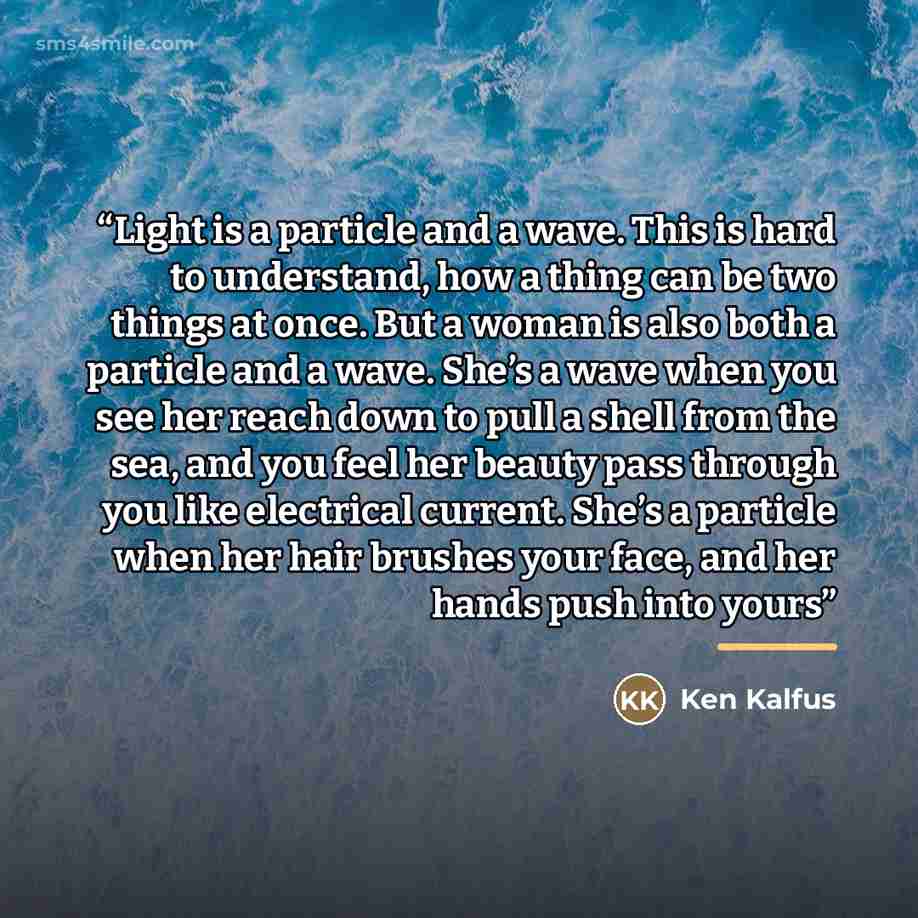 “Light is a particle and a wave. This is hard to understand, how a thing can be two things at once. But a woman is also both a particle and a wave. She’s a wave when you see her reach down to pull a shell from the sea, and you feel her beauty pass through you like electrical current. She’s a…” quote by Ken Kalfus