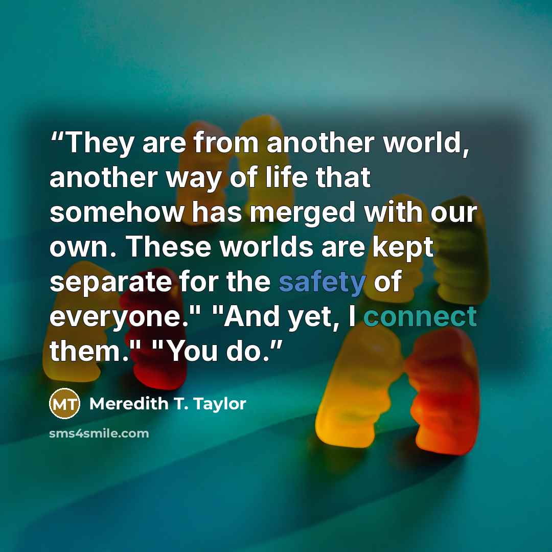 “They are from another world, another way of life that somehow has merged with our own. These worlds are kept separate for the safety of everyone." "And yet, I connect them." "You do.” quote by Meredith T. Taylor