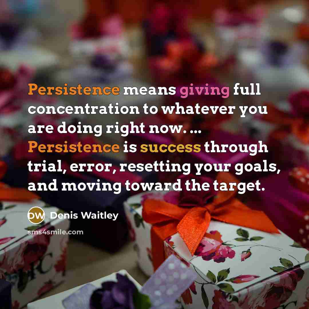 “Persistence means giving full concentration to whatever you are doing right now. ... Persistence is success through trial, error, resetting your goals, and moving toward the target.” quote by Denis Waitley