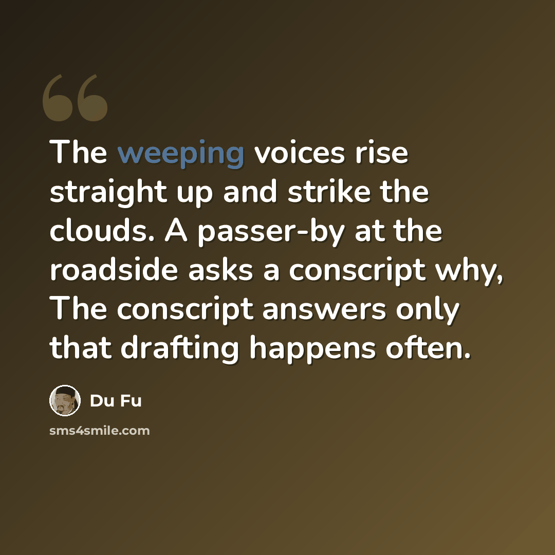 “The weeping voices rise straight up and strike the clouds. A passer-by at the roadside asks a conscript why, The conscript answers only that drafting happens often.” quote by Du Fu