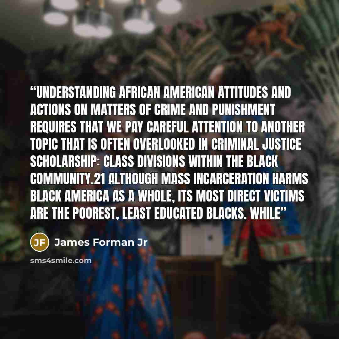 “Understanding African American attitudes and actions on matters of crime and punishment requires that we pay careful attention to another topic that is often overlooked in criminal justice scholarship: class divisions within the black community.21 Although mass incarceration harms black America as…” quote by James Forman Jr