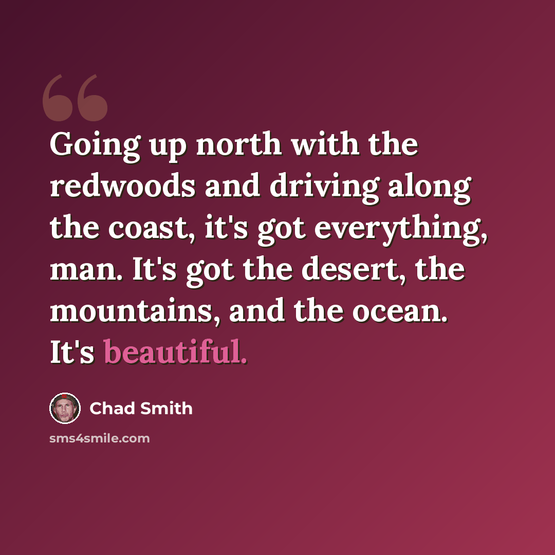 “Going up north with the redwoods and driving along the coast, it's got everything, man. It's got the desert, the mountains, and the ocean. It's beautiful.” quote by Chad Smith