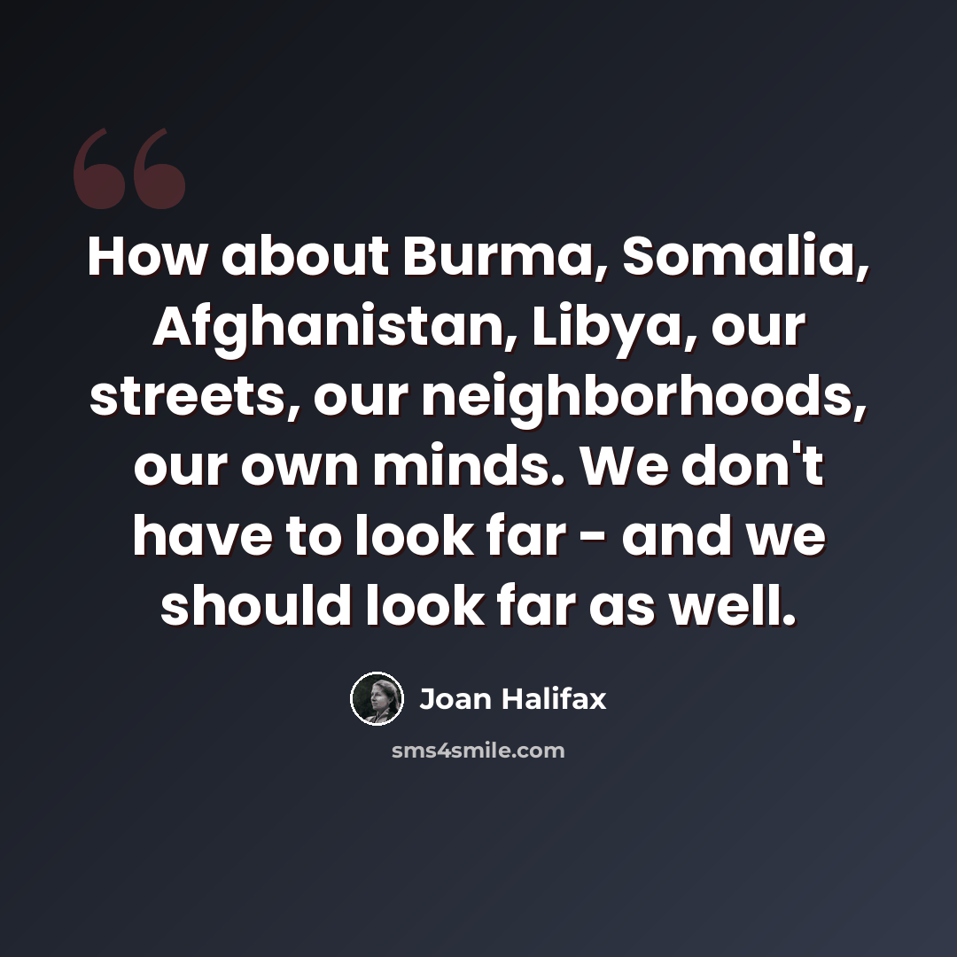 “How about Burma, Somalia, Afghanistan, Libya, our streets, our neighborhoods, our own minds. We don't have to look far - and we should look far as well.” quote by Joan Halifax