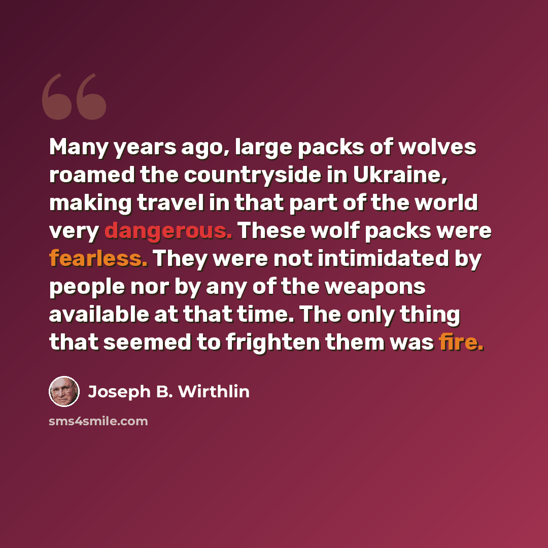 “Many years ago, large packs of wolves roamed the countryside in Ukraine, making travel in that part of the world very dangerous. These wolf packs were fearless. They were not intimidated by people nor by any of the weapons available at that time. The only thing that seemed to frighten them was fire.” quote by Joseph B. Wirthlin