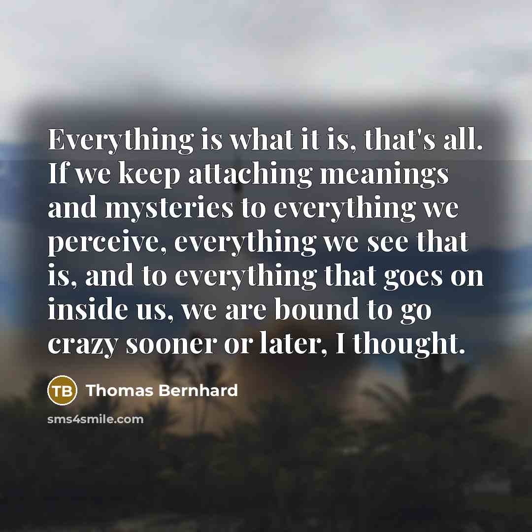 “Everything is what it is, that's all. If we keep attaching meanings and mysteries to everything we perceive, everything we see that is, and to everything that goes on inside us, we are bound to go crazy sooner or later, I thought.” quote by Thomas Bernhard