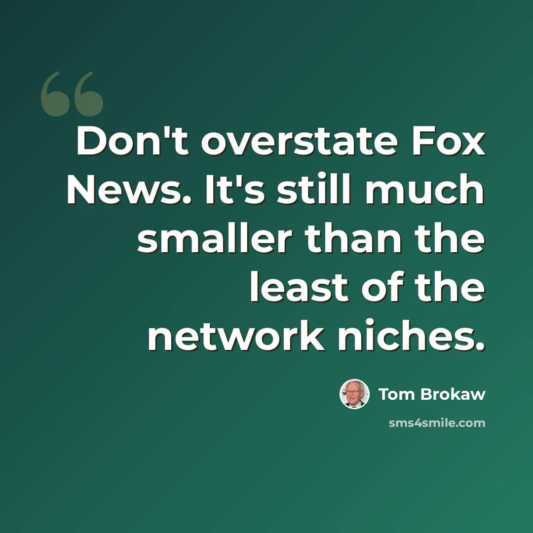 “Don't overstate Fox News. It's still much smaller than the least of the network niches.” quote by Tom Brokaw