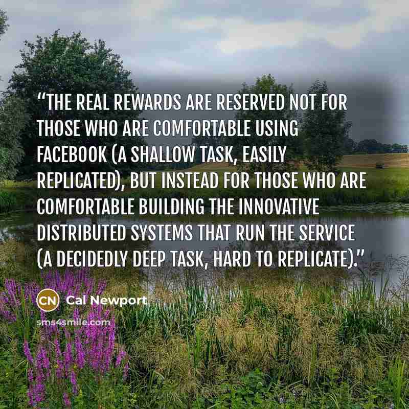 “The real rewards are reserved not for those who are comfortable using Facebook (a shallow task, easily replicated), but instead for those who are comfortable building the innovative distributed systems that run the service (a decidedly deep task, hard to replicate).” quote by Cal Newport