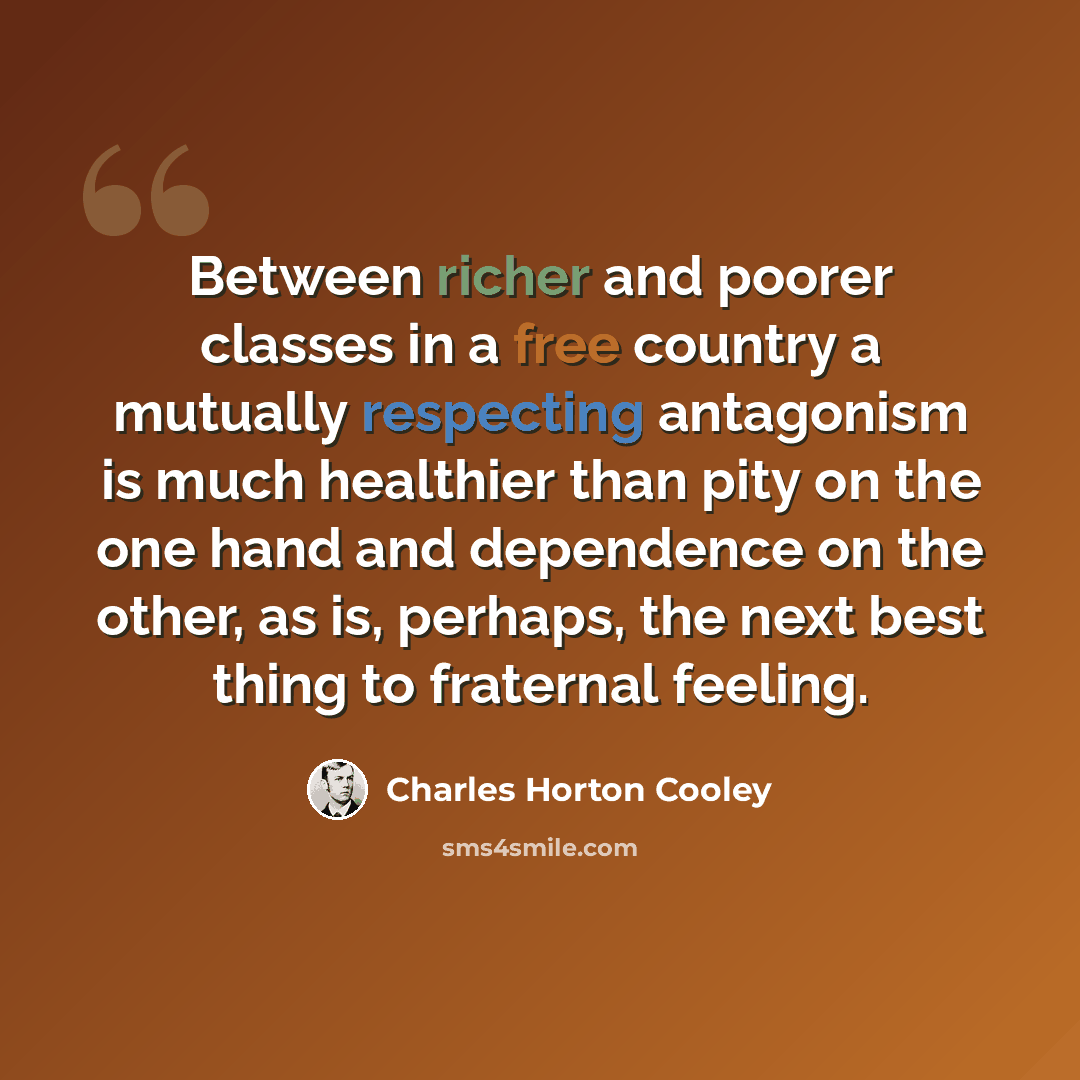 “Between richer and poorer classes in a free country a mutually respecting antagonism is much healthier than pity on the one hand and dependence on the other, as is, perhaps, the next best thing to fraternal feeling.” quote by Charles Horton Cooley