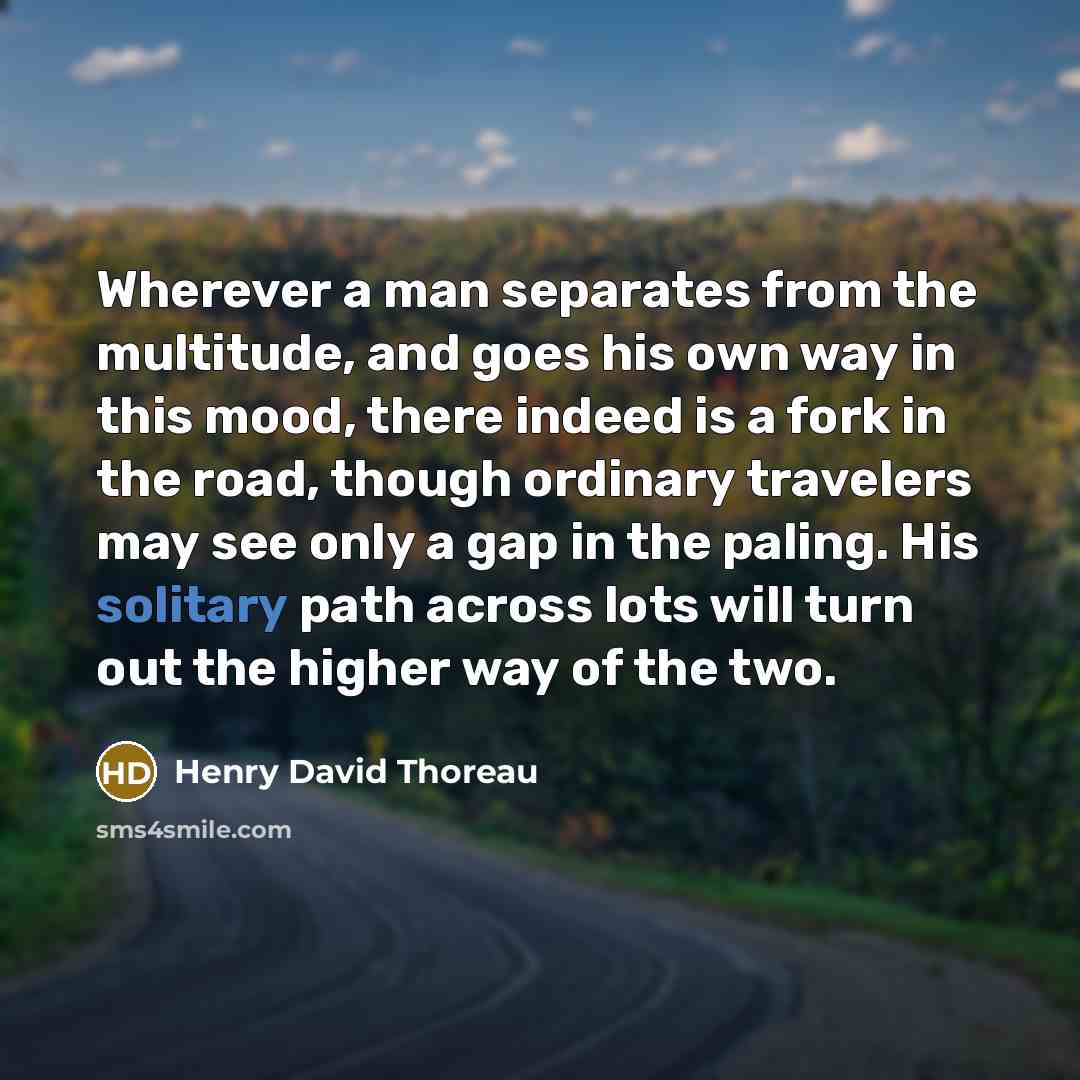 “Wherever a man separates from the multitude, and goes his own way in this mood, there indeed is a fork in the road, though ordinary travelers may see only a gap in the paling. His solitary path across lots will turn out the higher way of the two.” quote by Henry David Thoreau