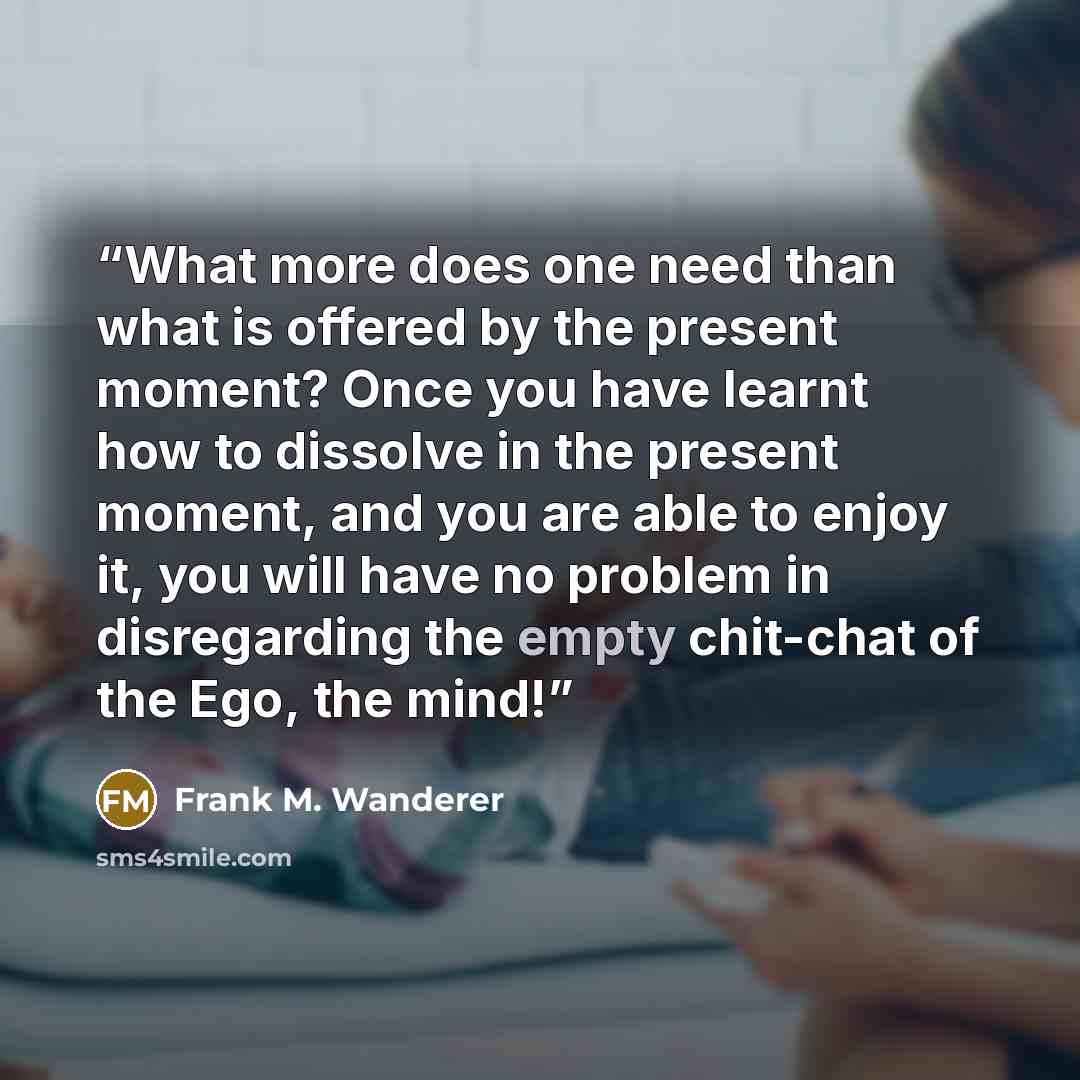 “What more does one need than what is offered by the present moment? Once you have learnt how to dissolve in the present moment, and you are able to enjoy it, you will have no problem in disregarding the empty chit-chat of the Ego, the mind!” quote by Frank M. Wanderer
