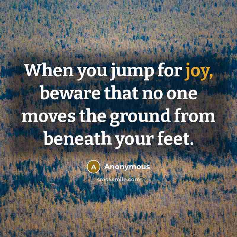 “When you jump for joy, beware that no one moves the ground from beneath your feet.” quote by Anonymous