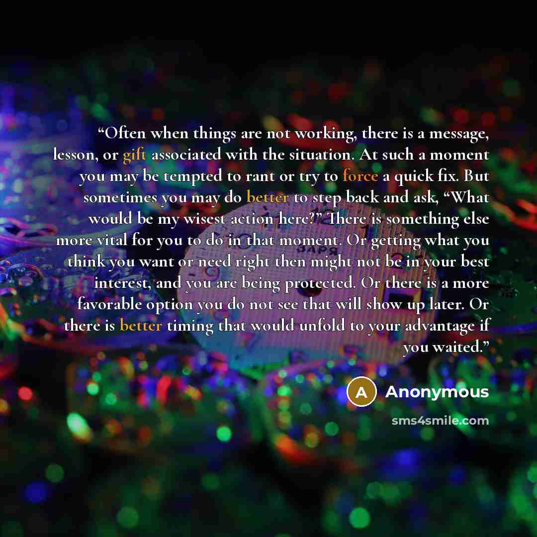 “Often when things are not working, there is a message, lesson, or gift associated with the situation. At such a moment you may be tempted to rant or try to force a quick fix. But sometimes you may do better to step back and ask, “What would be my wisest action here?” There is something else more…” quote by Anonymous
