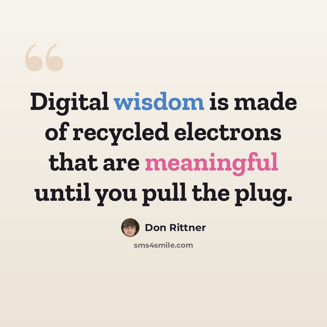 “Digital wisdom is made of recycled electrons that are meaningful until you pull the plug.” quote by Don Rittner