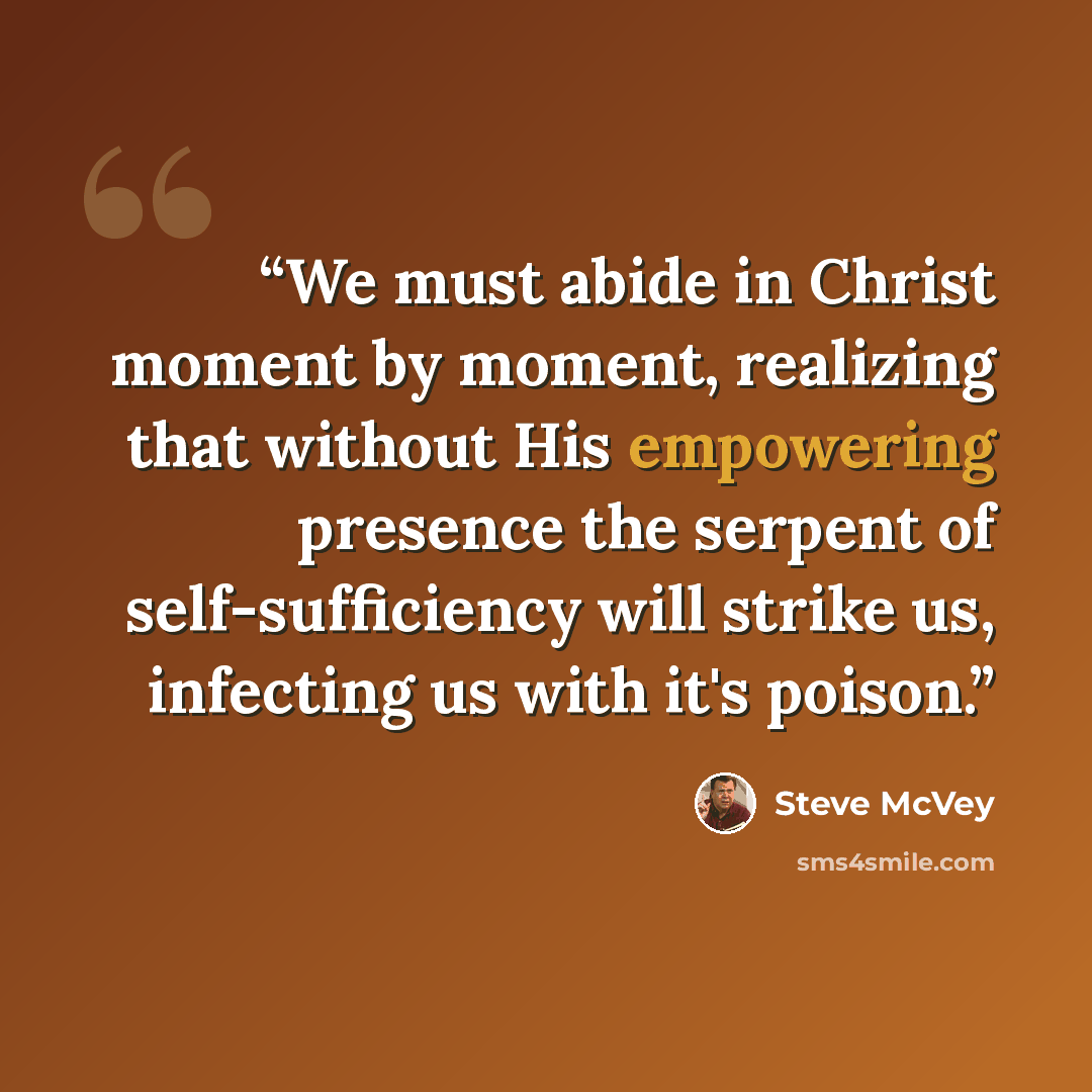 “We must abide in Christ moment by moment, realizing that without His empowering presence the serpent of self-sufficiency will strike us, infecting us with it's poison.” quote by Steve McVey