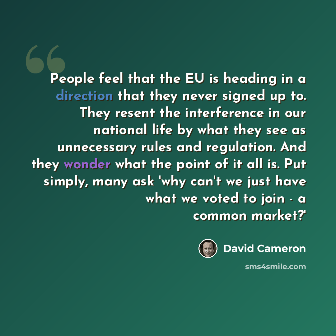 “People feel that the EU is heading in a direction that they never signed up to. They resent the interference in our national life by what they see as unnecessary rules and regulation. And they wonder what the point of it all is. Put simply, many ask 'why can't we just have what we voted to join…” quote by David Cameron