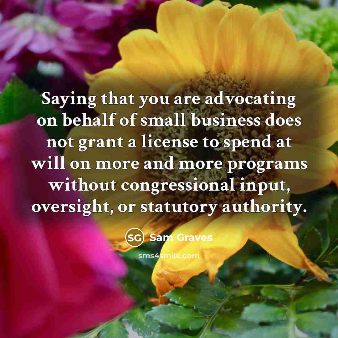 “Saying that you are advocating on behalf of small business does not grant a license to spend at will on more and more programs without congressional input, oversight, or statutory authority.” quote by Sam Graves